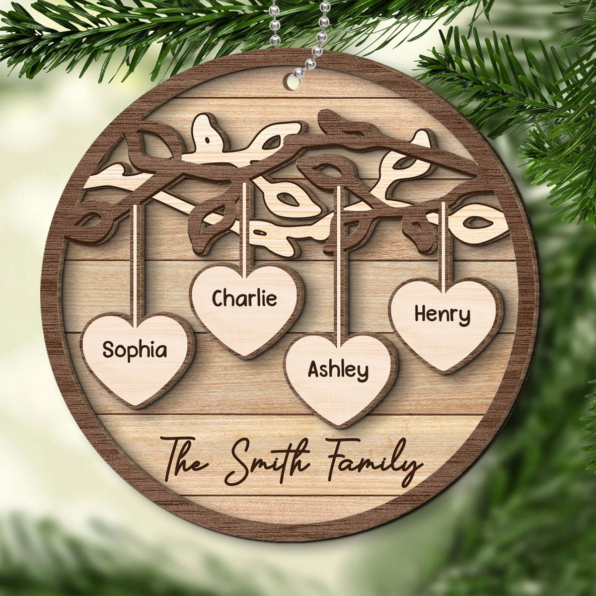 Family Tree Hanging Hearts Personalized 2-Layer Wooden Ornament, Christmas Gift For Family