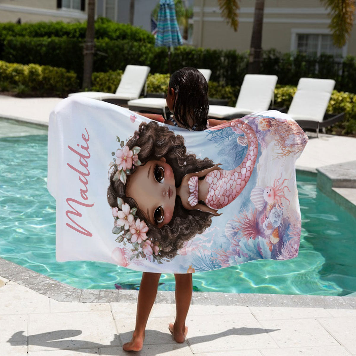 Sea World Cute Mermaid Personalized Beach Towel with Name, Beach Vacation Accessories Gift for Children, Bath Towel