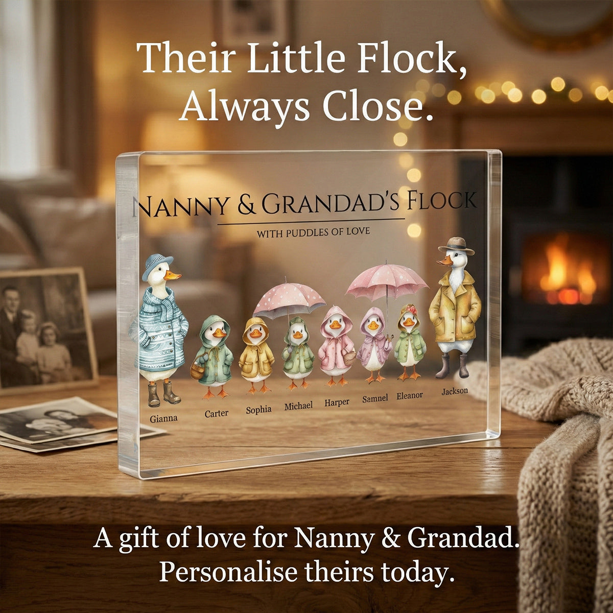 Grandparents Grandma Grandad's Flock Cute Watercolor Ducks - Personalised Acrylic Block Plaque