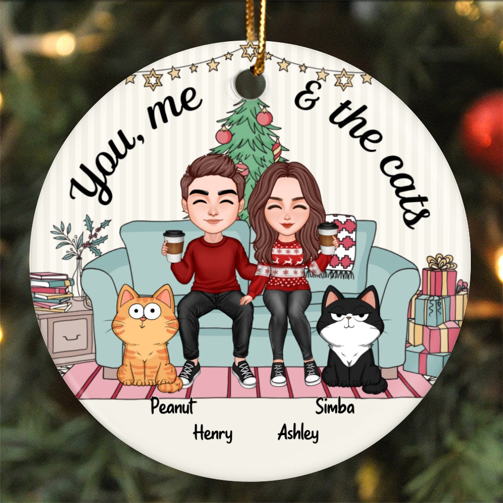 You Me And The Cats On Sofa Cute Couple With Cats Personalized Circle Ornament