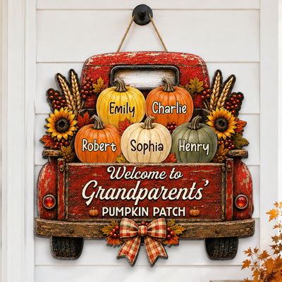 Trending Pumpkins On Truck - Personalized Wood Sign - Fall Season Decoration For Grandparents