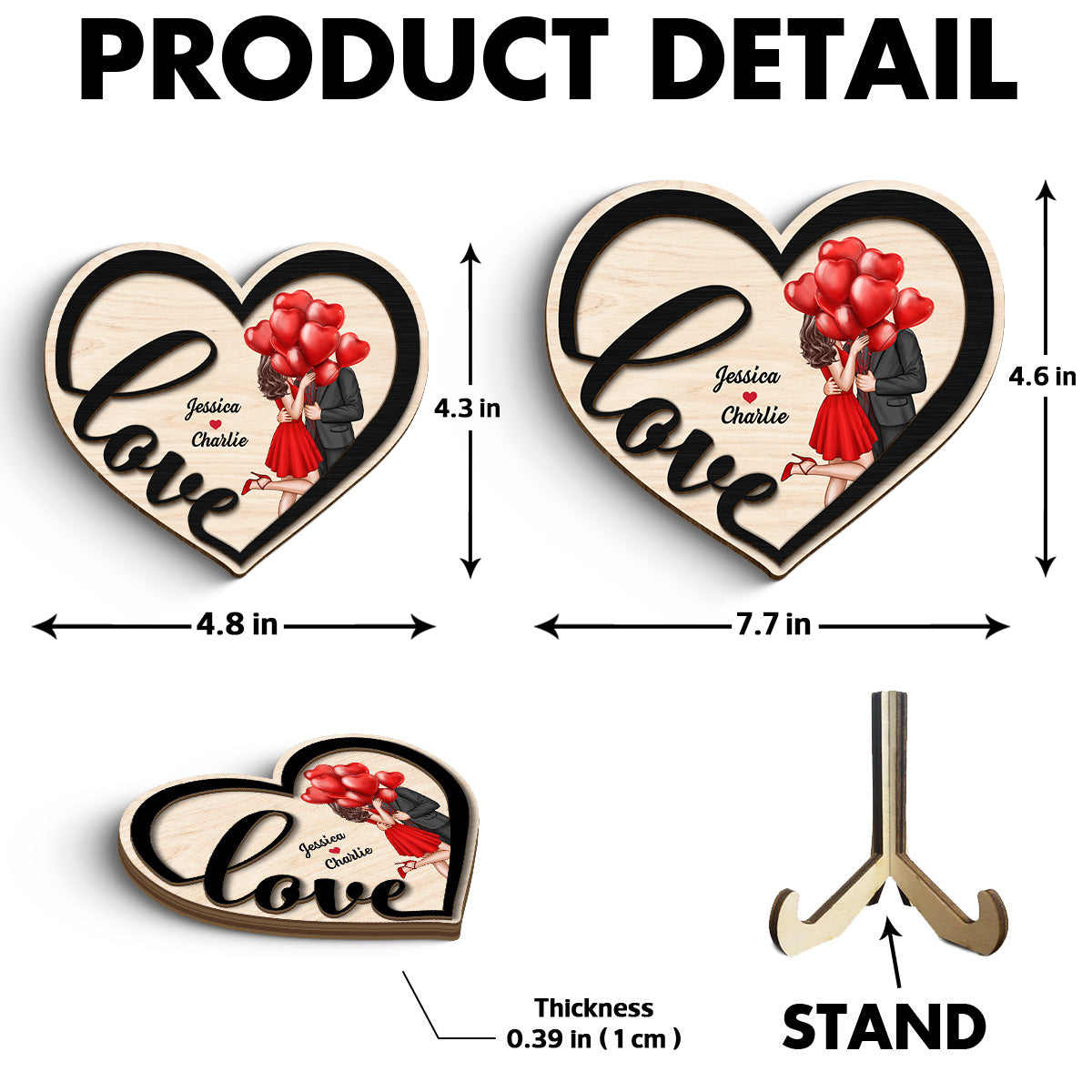 Couple Love Heart Elegant Kissing Personalized 2-layer Wooden Plaque