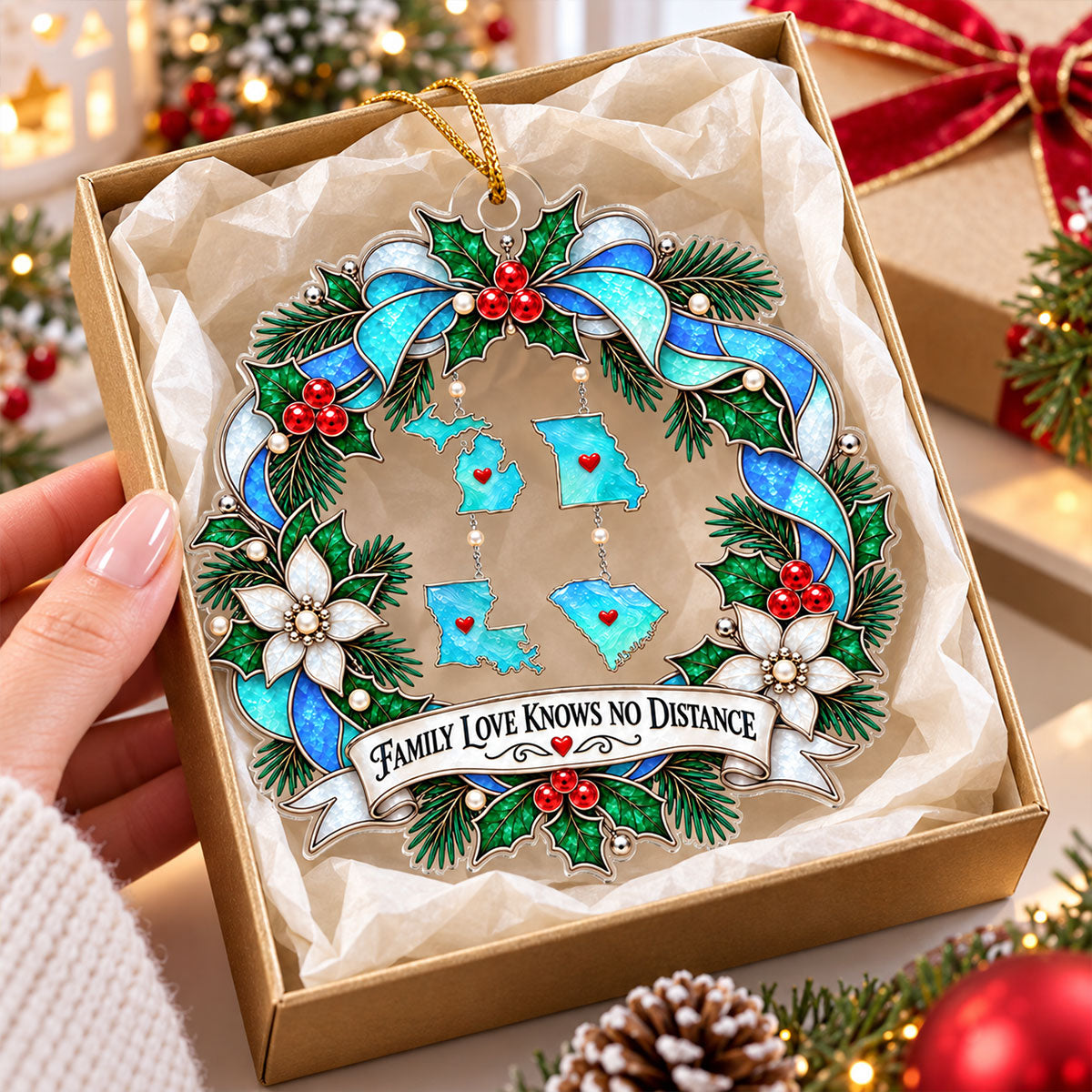 Trending Family Love Knows No Distance Custom States - Personalized Acrylic Ornament - Long Distance Family Gift