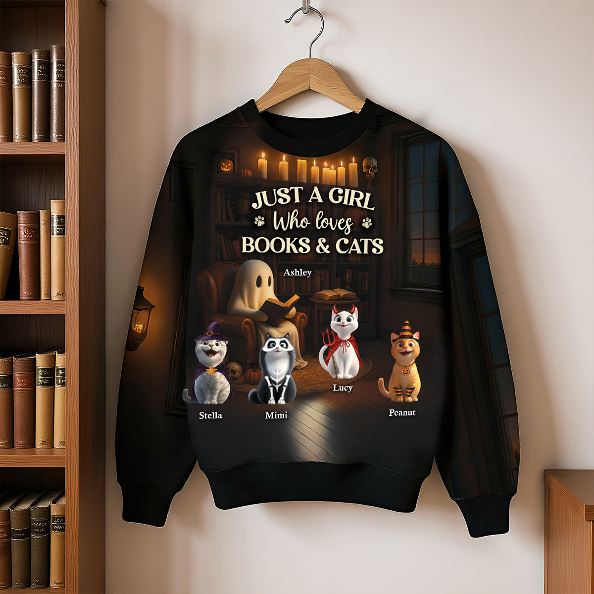Just a Girl Who Loves Books and Cats Halloween Personalized Sweatshirt, Cozy Fall Sweatshirt for Cat Moms