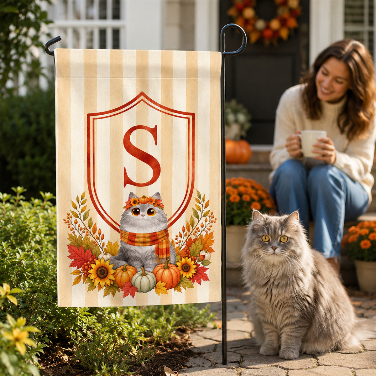Fall Season Monogram Initial Family Cat Lovers - Personalized Garden Flag, Hydrangea Shield