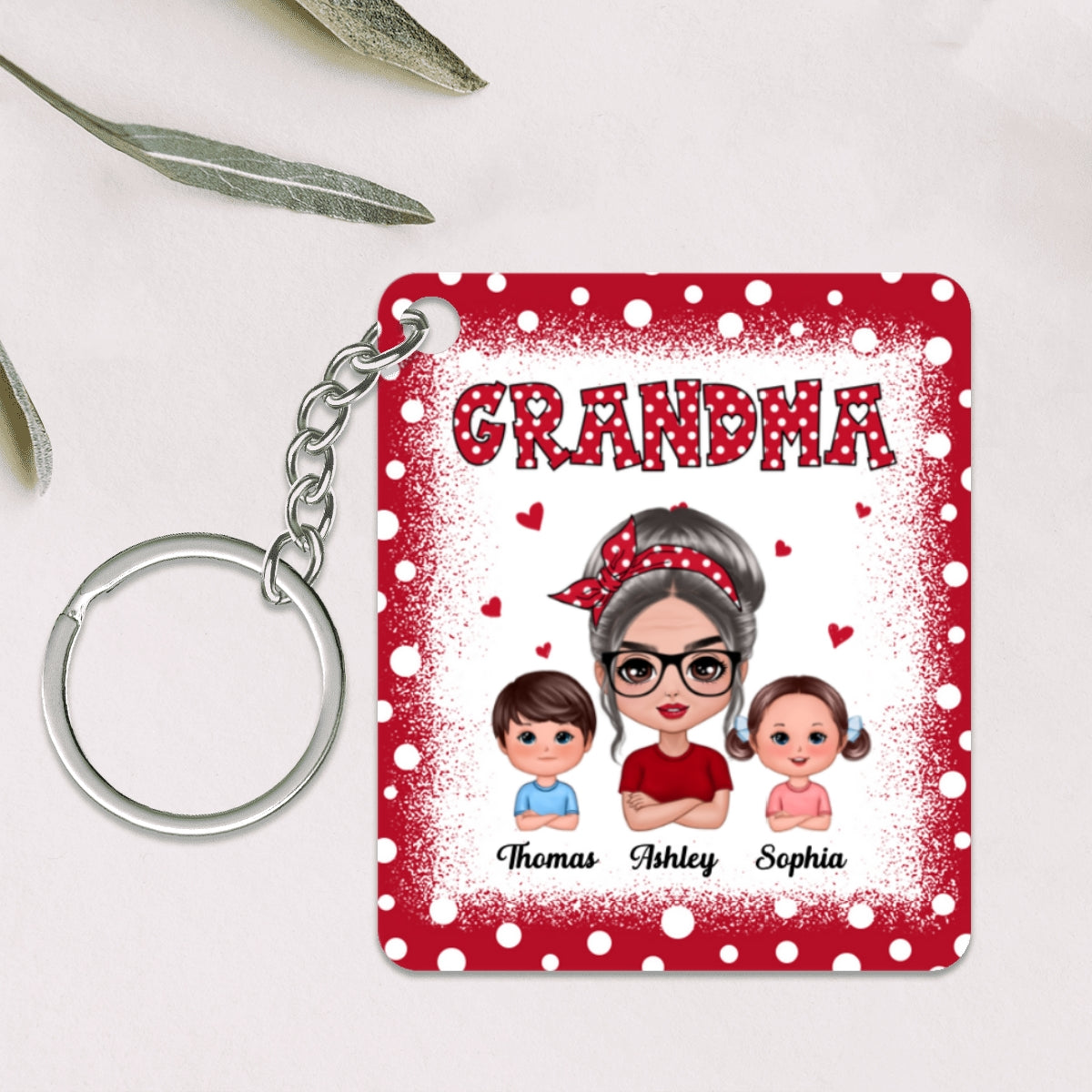 Red Polka Dot Grandma Grandkids Personalized Acrylic Keychain