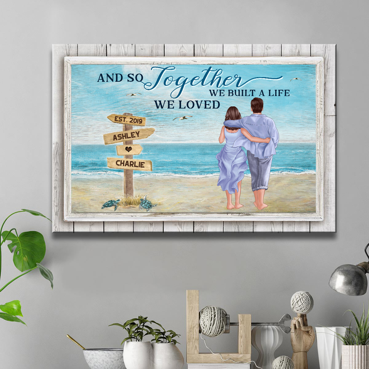 Back View Couple Walking On The Beach Landscape Personalized Canvas Prints