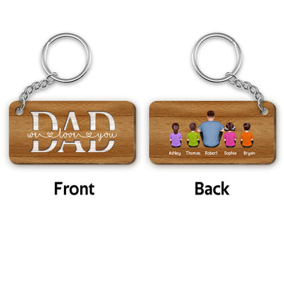 Back View Man Dad And Kids Dogs Cats Sitting We Love You Personalized Wooden Keychain