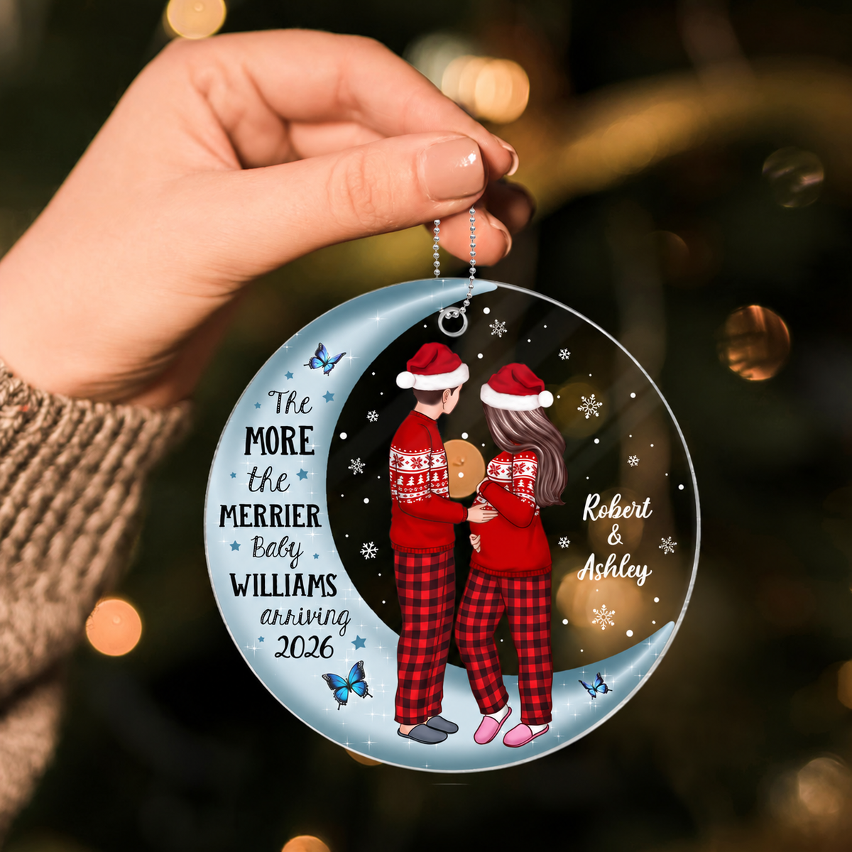 Pregnancy Custom Family On Moon, Expecting New Baby, Mom to be Gift Acrylic Circle Ornament