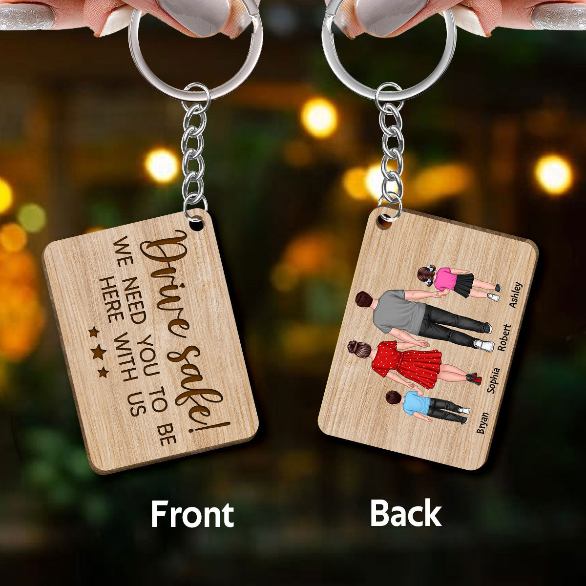 Family Couple & Kid Walking Back View Personalized Wooden Keychain