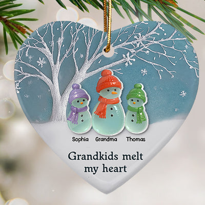 3D Sea Glass Effect Snowman Grandma & Grandkids - Personalized Ceramic Ornament With Acrylic Pieces - Christmas Gift For Grandchildren, Grandma