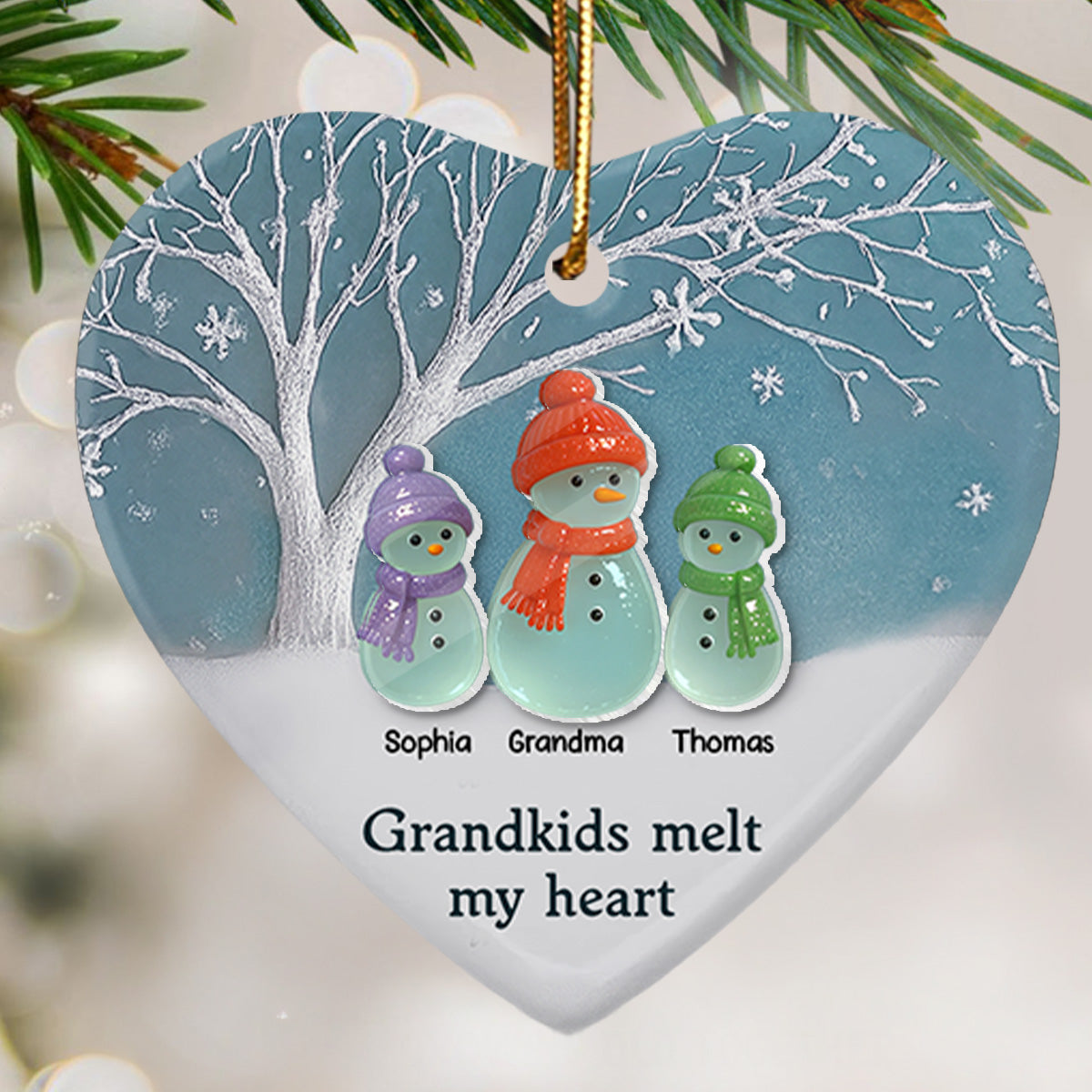 3D Sea Glass Effect Snowman Grandma & Grandkids - Personalized Ceramic Ornament With Acrylic Pieces - Christmas Gift For Grandchildren, Grandma