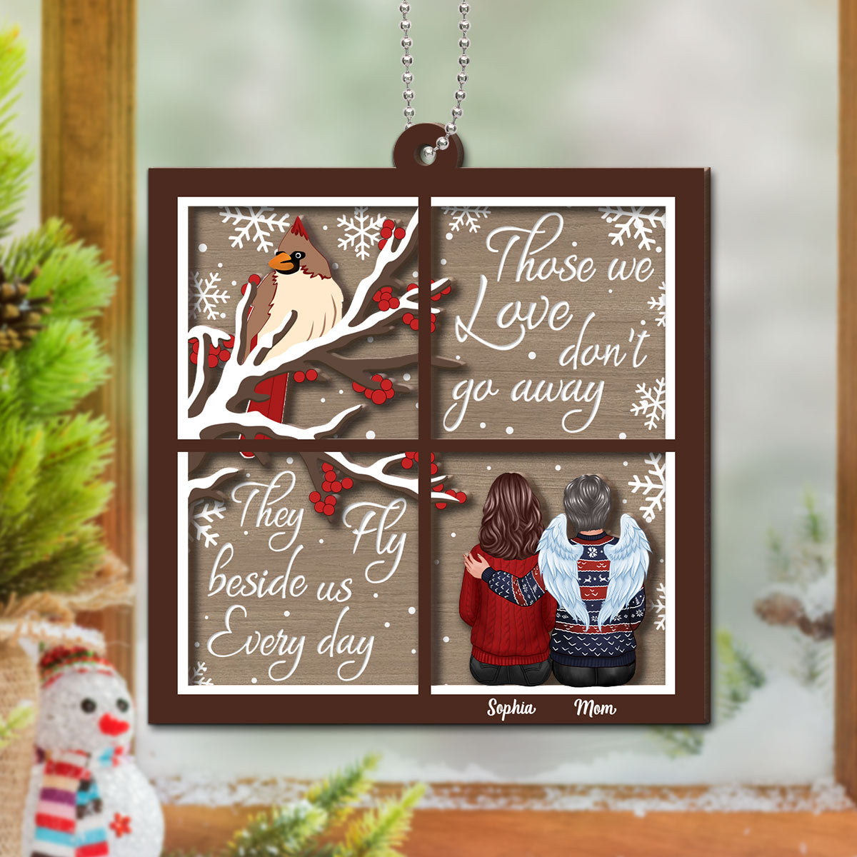 Cardinal Memorial Window Shaped Personalized 2-Layer Wooden Ornament