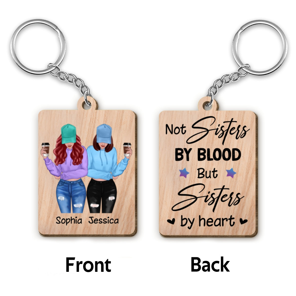 Front View Besties Gift For Best Friends Matching Personalized Wooden Keychain