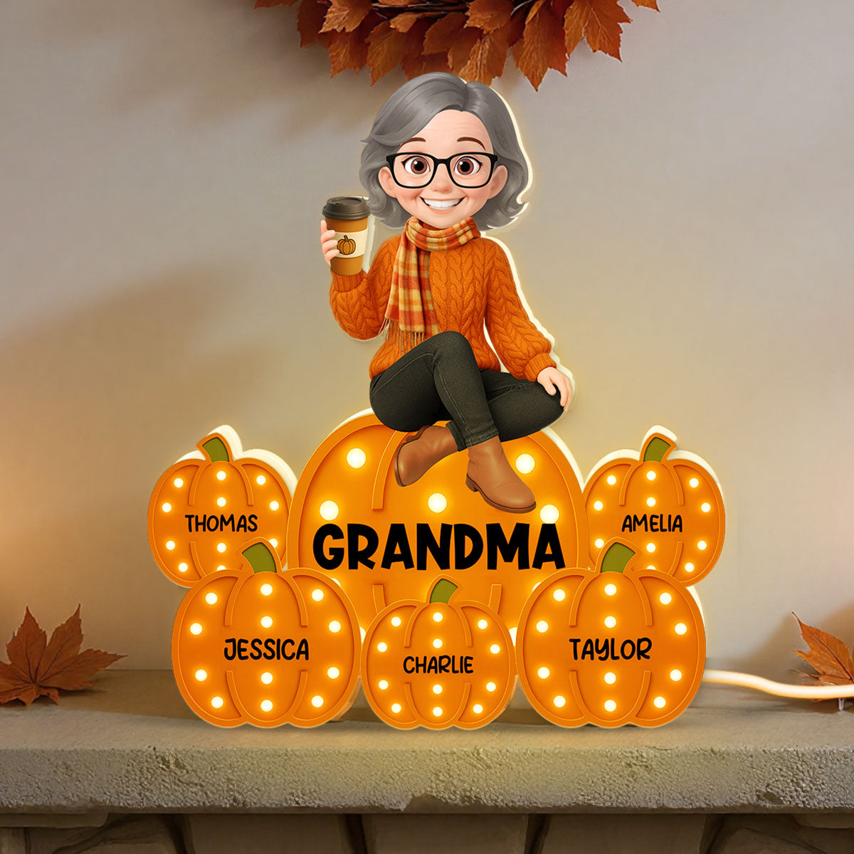 Fall Season Grandma Sitting On Marquee Pattern Texture Pumpkins Personalized LED Light Box, Cozy Grandma's Home Decoration