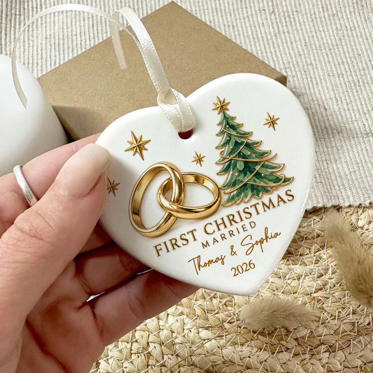 First Christmas Married Couple Names Wedding Rings - Personalized Ceramic Ornament - Newlywed Christmas Gift, Wedding Keepsake