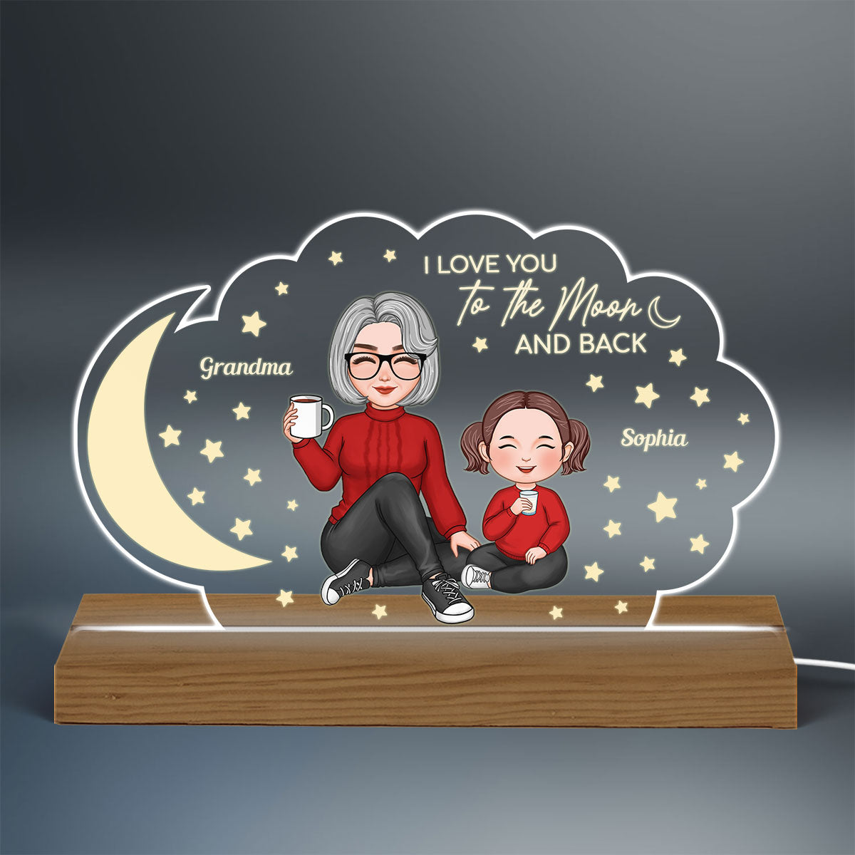 Grandma Grandkid Sitting Love You To The Moon And Back Gift For Granddaughter Grandson Personalized Custom Shape Acrylic Plaque LED Night Light