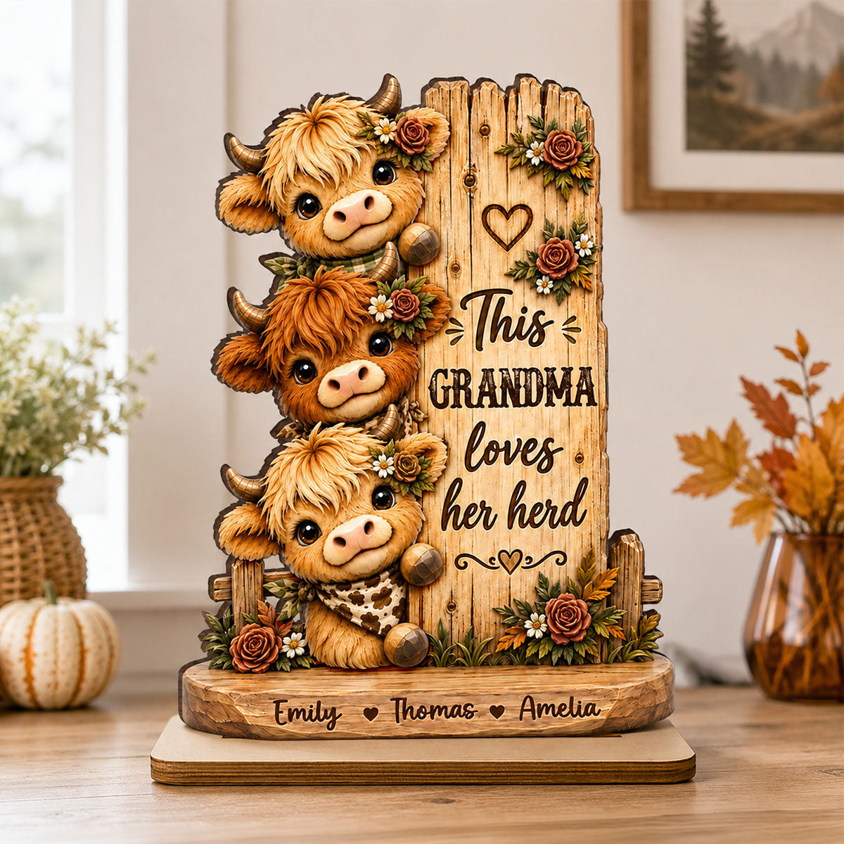 This Grandma Loves Her Herd - Personalized 2-Layered Wooden Plaque - Cozy Fall Decor for Grandma