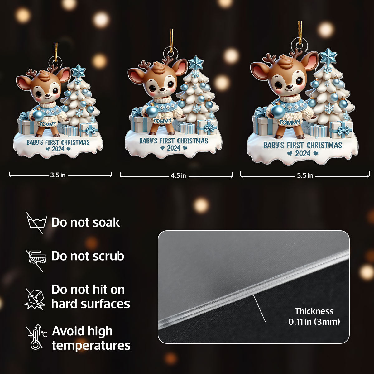 3D Effect Cute Reindeer Baby's First Christmas Personalized Acrylic Ornament, Christmas Gift For Newborns, New Parents
