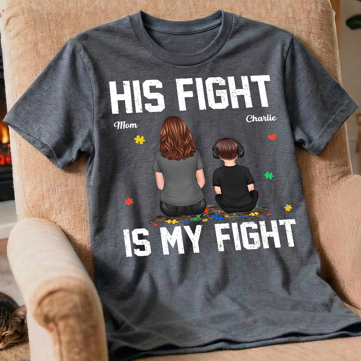 His Fight Is My Fight Autism Back View Parent & Kid - Personalized Shirt - Autism Awareness Shirt