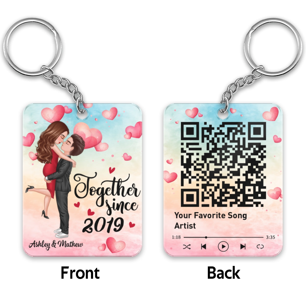 Watercolor Hearts Doll Couple Hugging Kissing Favorite Song Scannable QR Code Personalized Acrylic Keychain