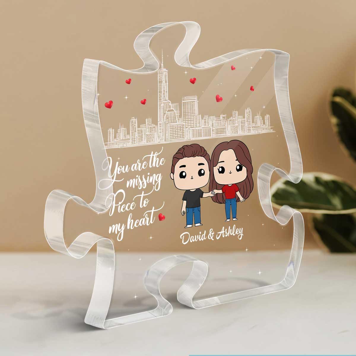Cute Chibi Couple The Missing Piece To My Heart Personalized Puzzle Acrylic Plaque