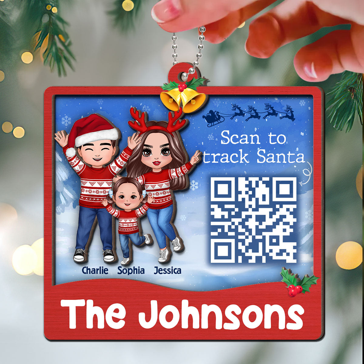 Happy Family Santa Tracker QR Code Personalized 2-Layer Wooden Ornament