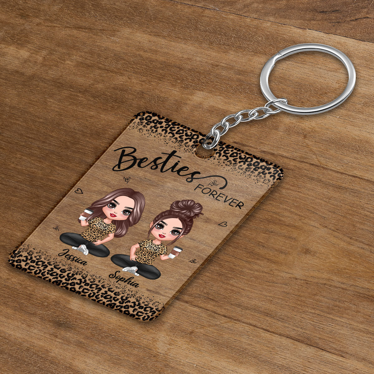 Leopard Doll Besties Sisters Sitting Personalized Acrylic Keychain