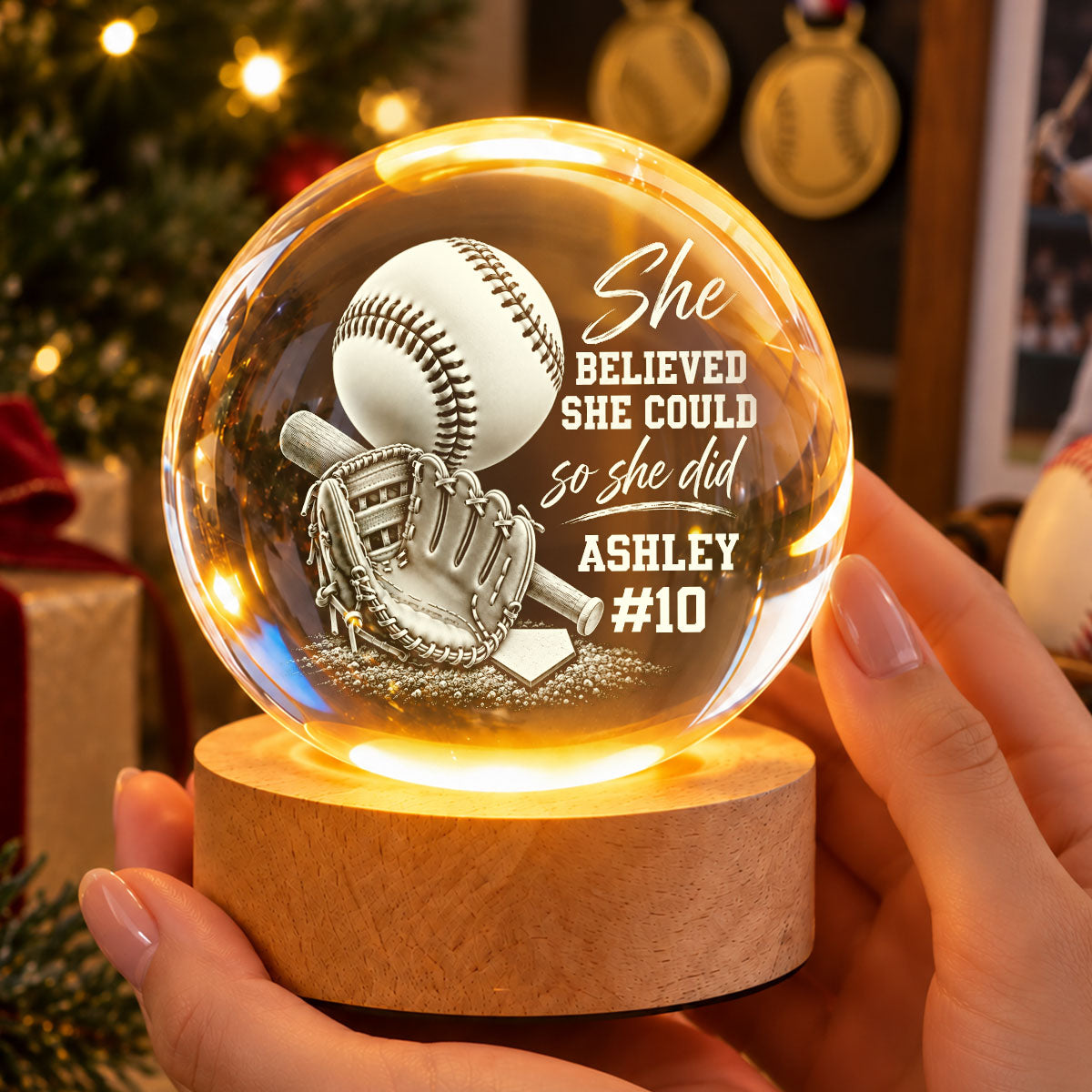 Proud Baseball Player Name And Number - Personalized Crystal Ball LED Night Light - Christmas Gift For Teenagers, Baseball Players, Baseball Lovers, Daughter, Granddaughter, Son, Grandson