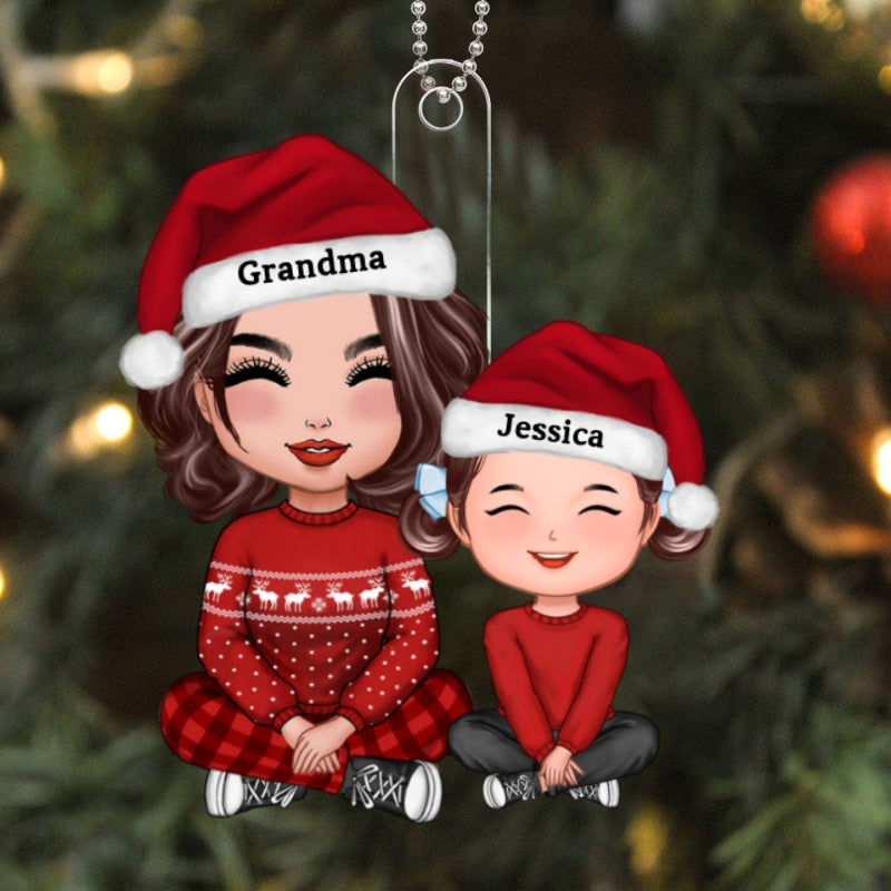 Cute Grandma Grandson Granddaughter Happy Face Crossed Legs Personalized Acrylic Ornament