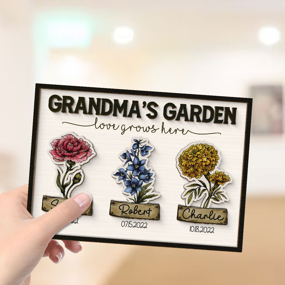 Grandma Garden Love Grows Here Grandkids Birth Flower Name and Birthday Personalized 2-Layer Wooden Plaque