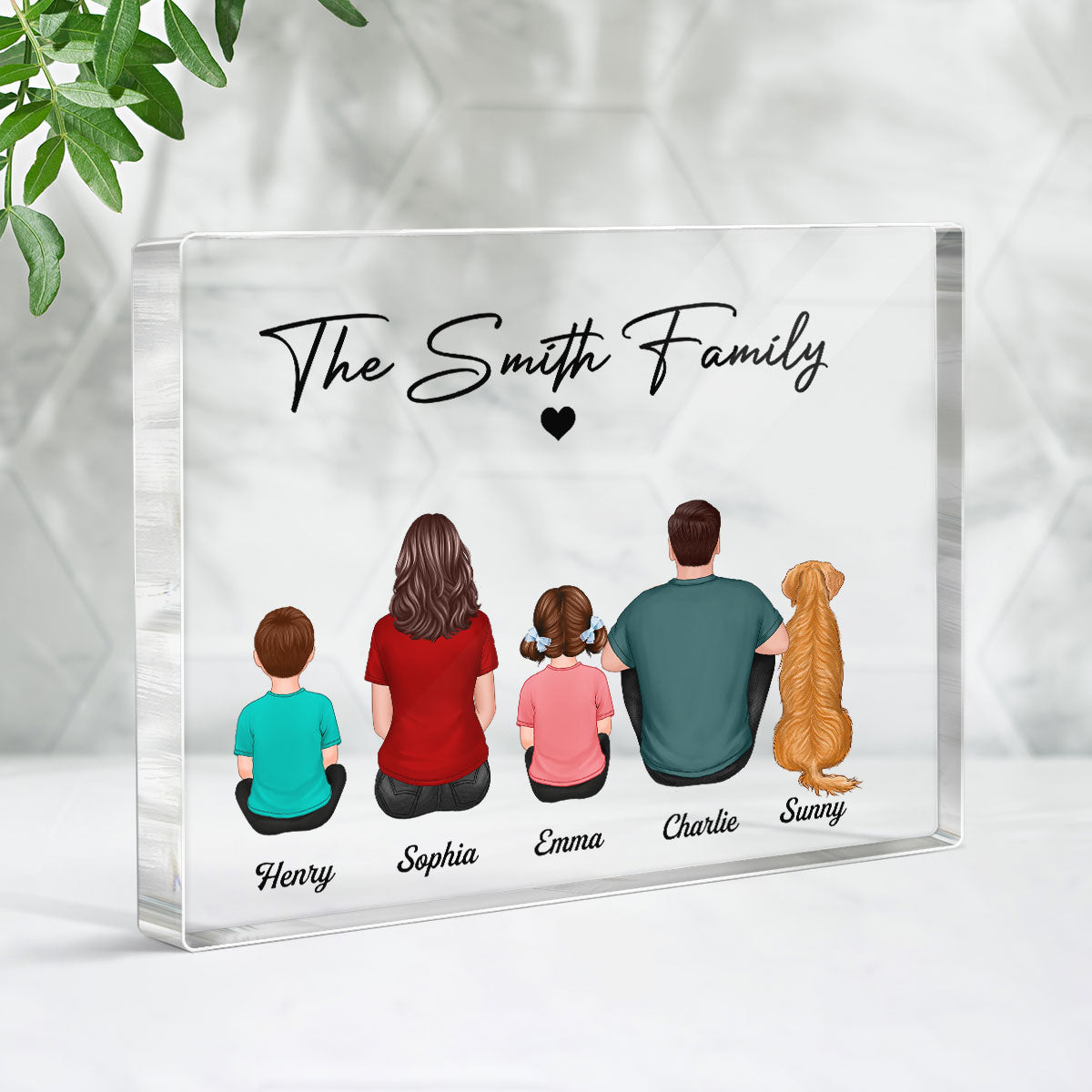 Family Sitting Back View Couple Kids Dogs Cats Personalized Horizontal Rectangle Acrylic Block Plaque