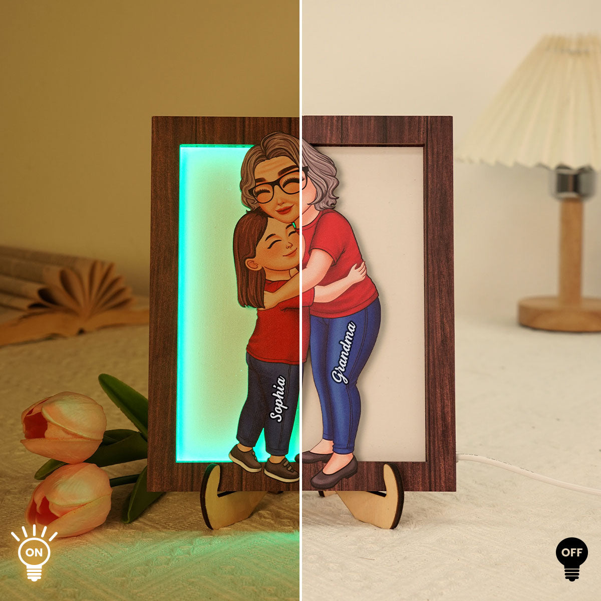 Grandma Grandkid Hugging Personalized 2-Layered Wooden Plaque With LED, Gift for Grandma, Mother's Day