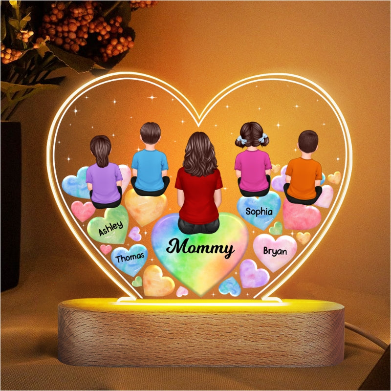 Grandma Mom And Kids Sitting Back View Hearts In Heart Personalized Acrylic Heart LED Night Light