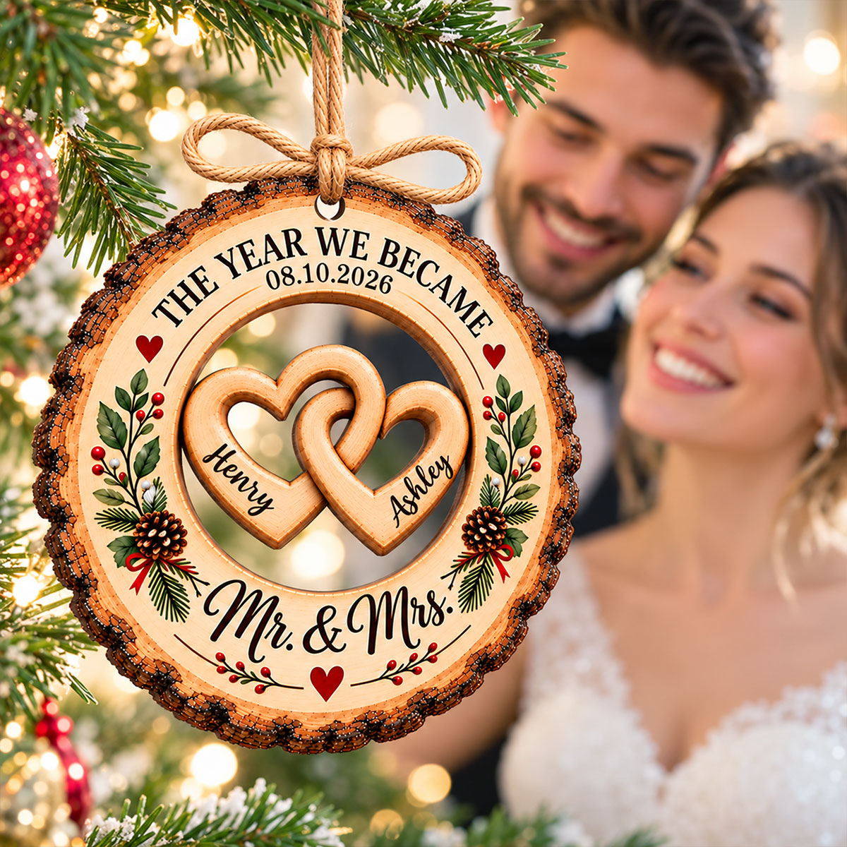 The Year We Became Mr. & Mrs. Custom Names - Personalized Wooden Ornament - Wedding Keepsake, Christmas Gift For Couples, Newlyweds