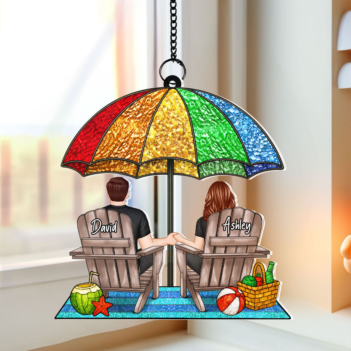 Under Beach Umbrella Happy Couple Personalized Suncatcher