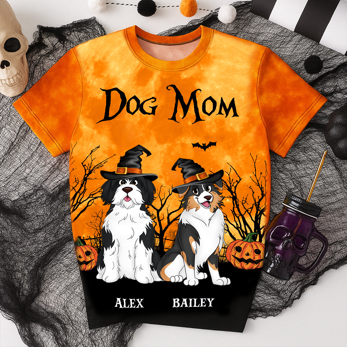 Dog Mom Halloween Moon Light Bat Tree - Personalized 3D Shirt