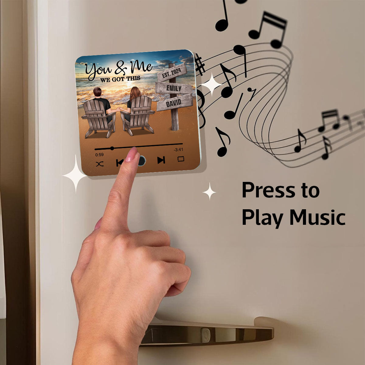 Romantic Beach Landscape Couple Sitting Holding Hands Sign Posts Personalized Bluetooth Music Fridge Magnet, Heartfelt Gift For Couple, For Him, For Her, Boyfriend, Girlfriend, Husband, Wife