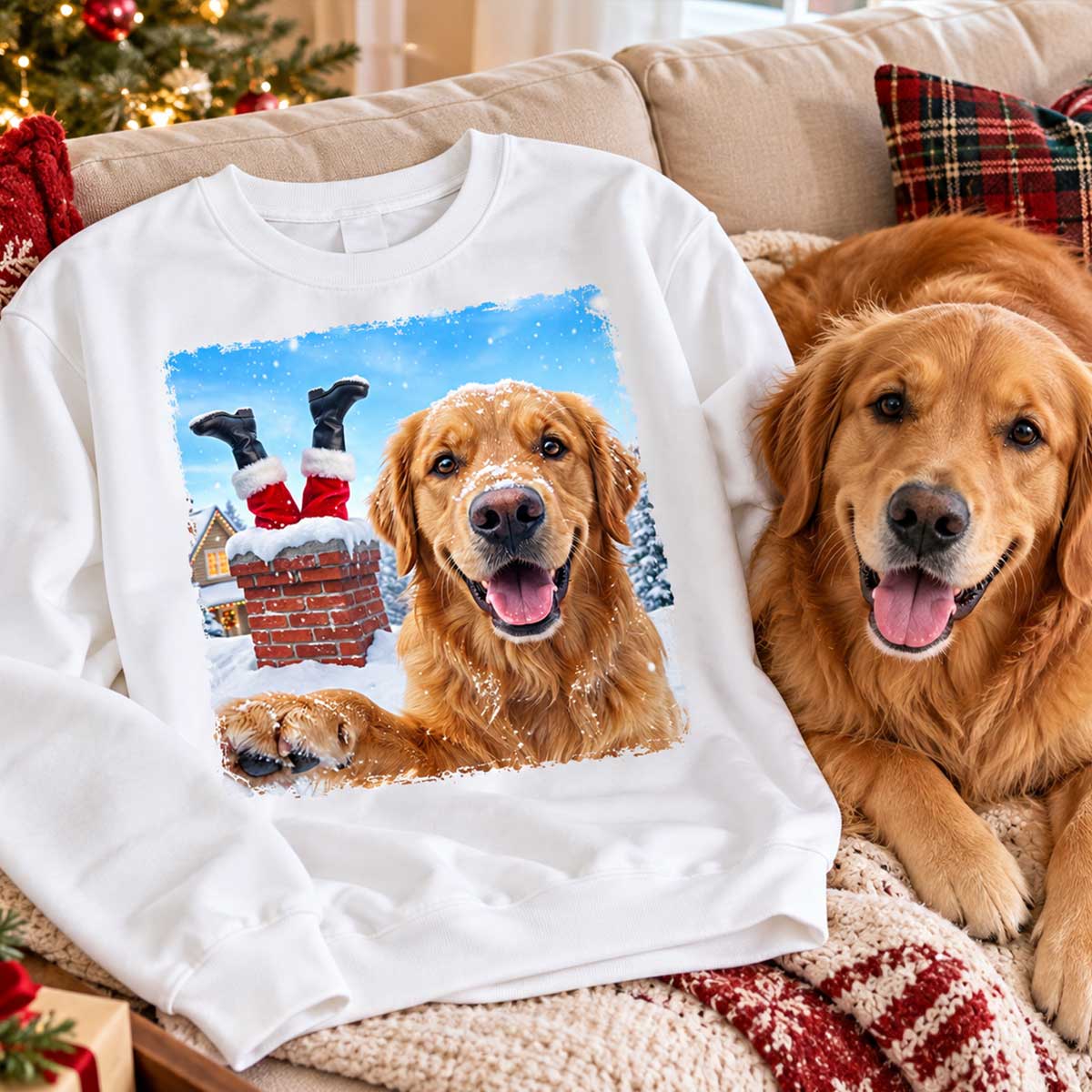 Pet Caught Santa Stuck In Chimney Upload Pet Photo - Personalized Shirt - Funny Gift For Dog Lovers