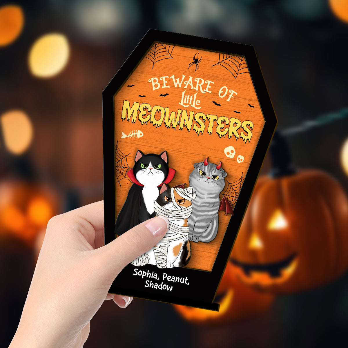 Beware Of Little Meownsters Coffin Shaped Personalized 2 Layer Standing Wooden Plaque, Halloween Tiered Tray Decor