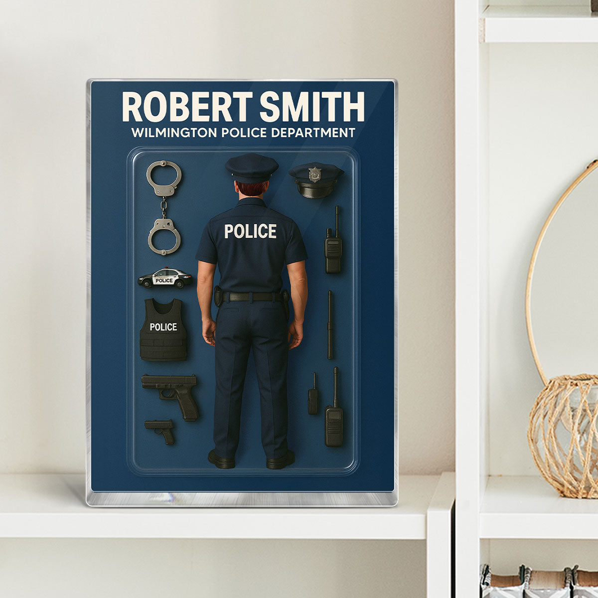 3D Effect Back View Police Officer Custom Figure Personalized Flat Rectangle Acrylic Block Plaque