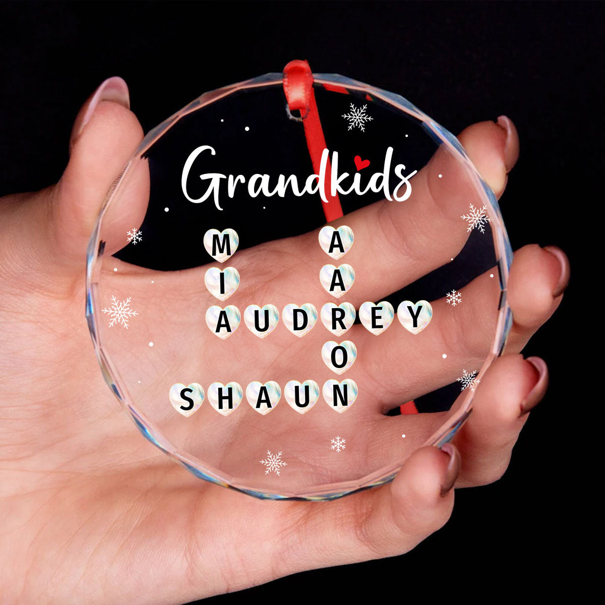 Grandkids Heart Crossword Art Puzzle Personalized Glass Ornament, Gift For Grandma Grandparents
