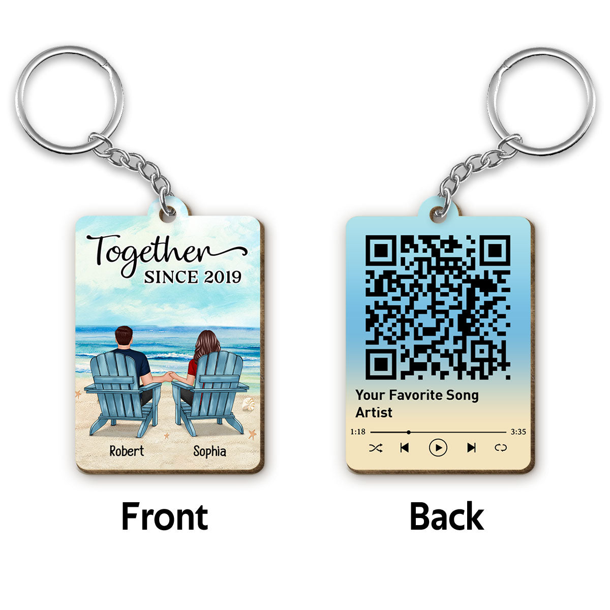 Couple Back View Sitting At Beach Favorite Song Scannable QR Code Personalized Wooden Keychain