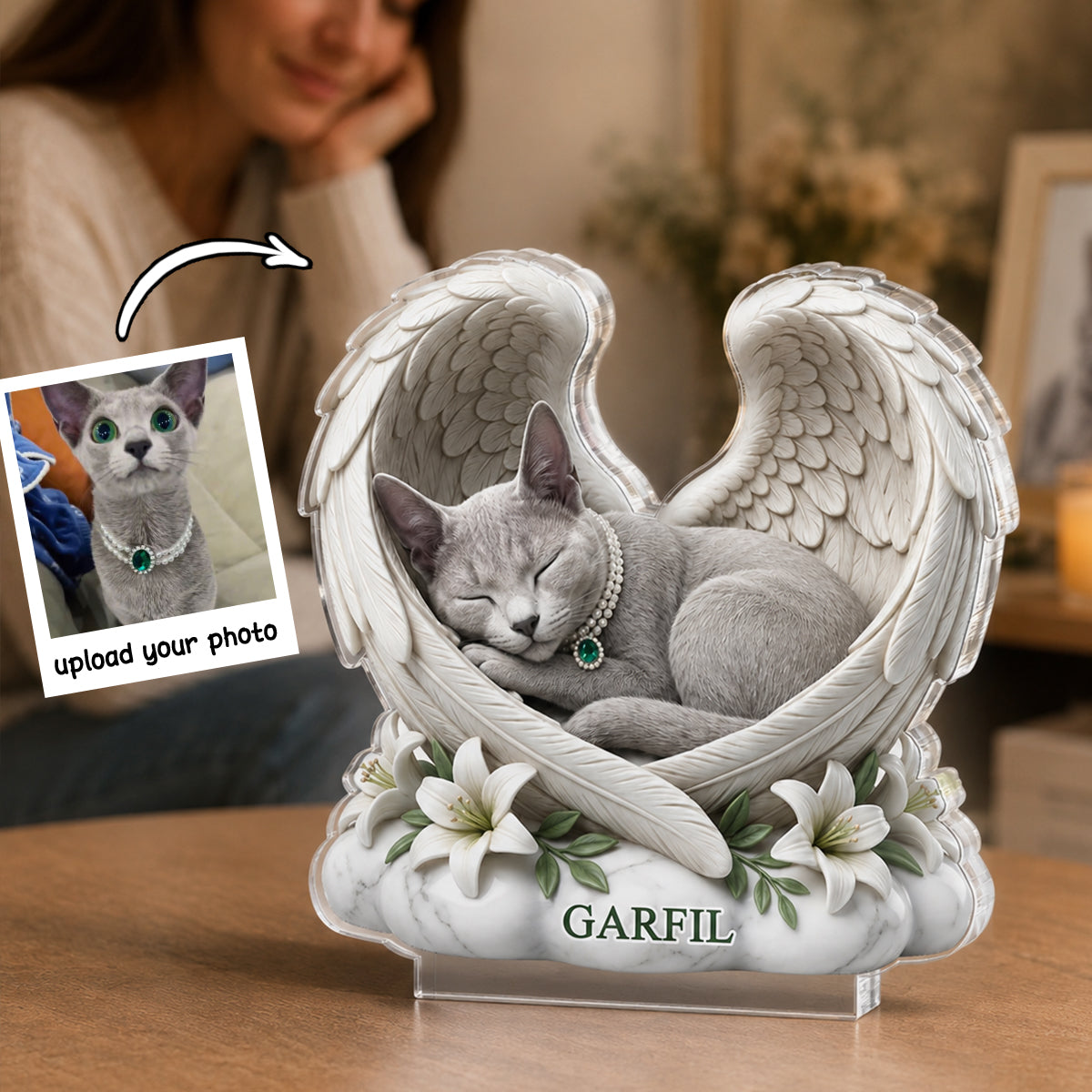 Custom Cat Angel Wings Statue - Personalized Acrylic Block Plaque - Heartfelt Pet Memorial Gift