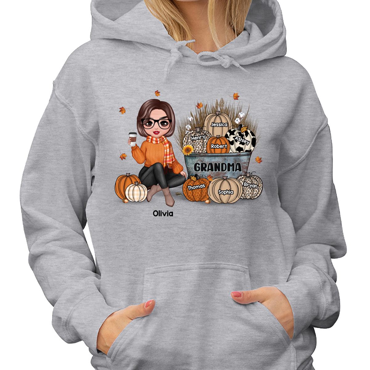 Grandma Mom Fall Season Sitting Pumpkin Bucket Personalized Shirt