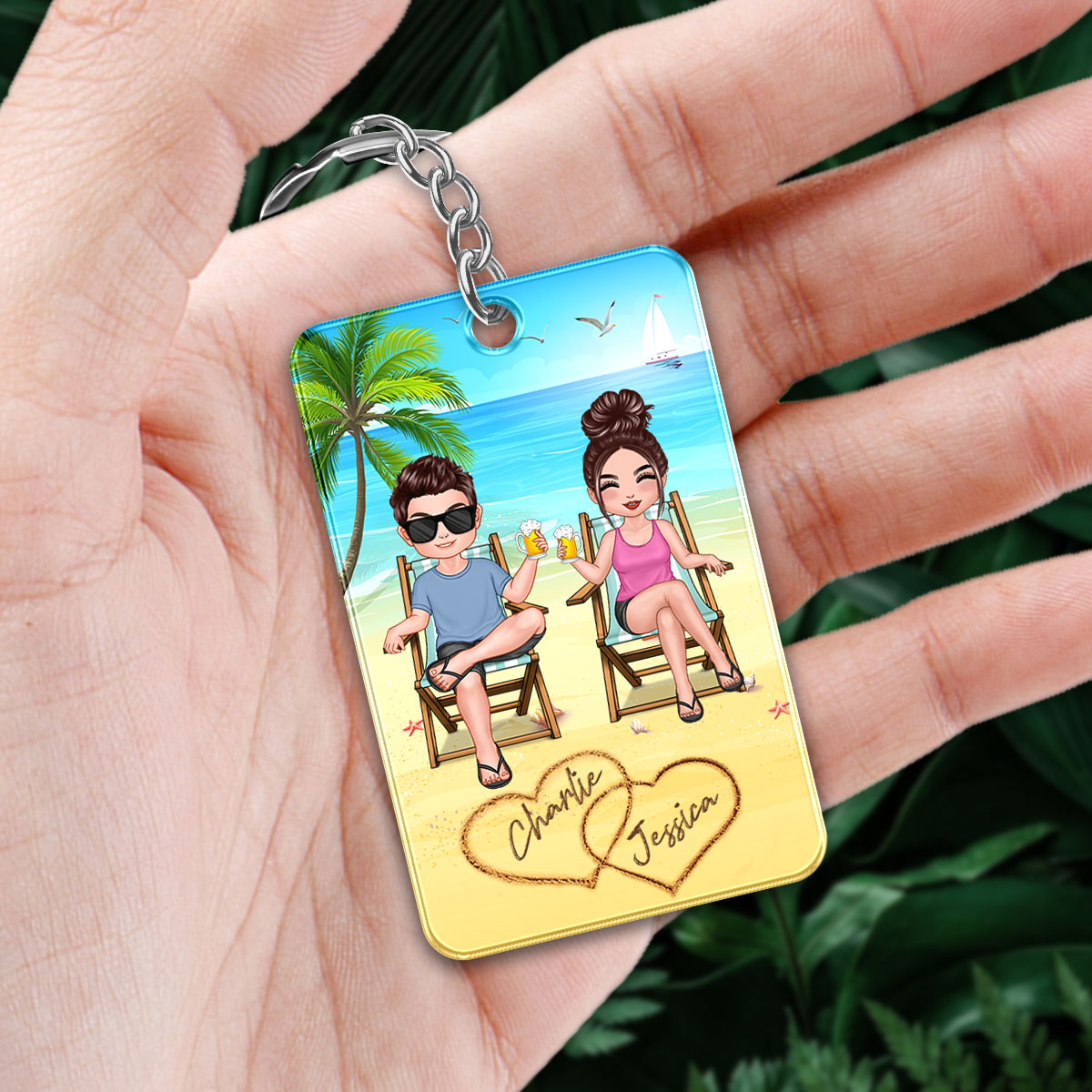 Summer Doll Couple Sitting On The Beach Personalized Acrylic Keychain