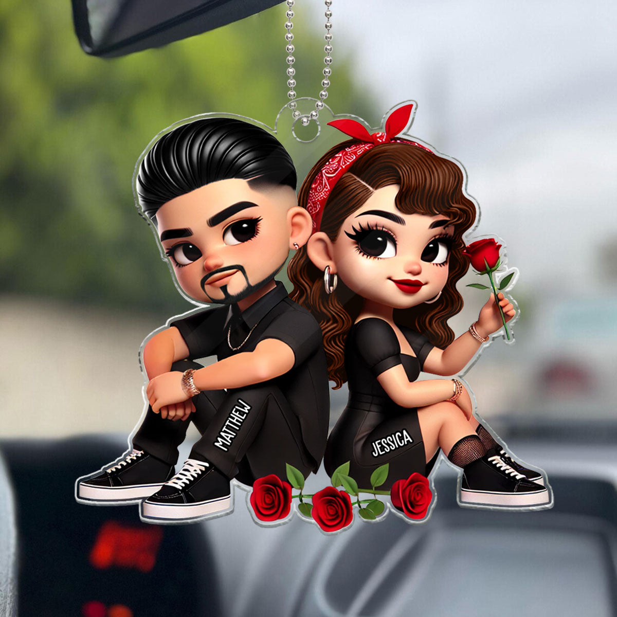 Pretty Couple Roses Heart Personalized Acrylic Car Hanger, Anniversary Gift,  Gift for Couples