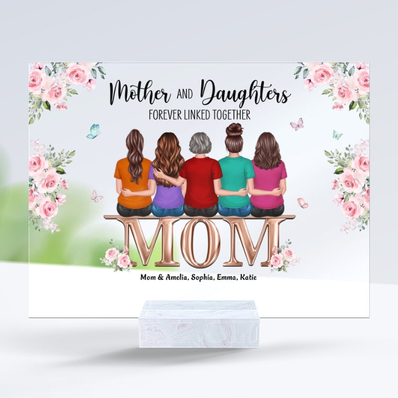 Floral Back View Mom And Daughters Sitting On Words Personalized Personalized Acrylic Plaque