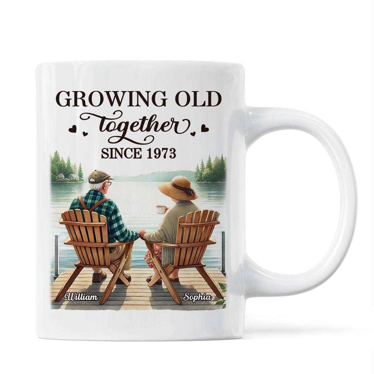 Back View Old Couple Sitting Together On The Lake Dock Personalized Mug, Heartfelt  Gift For Him, For Her, Husband, Wife