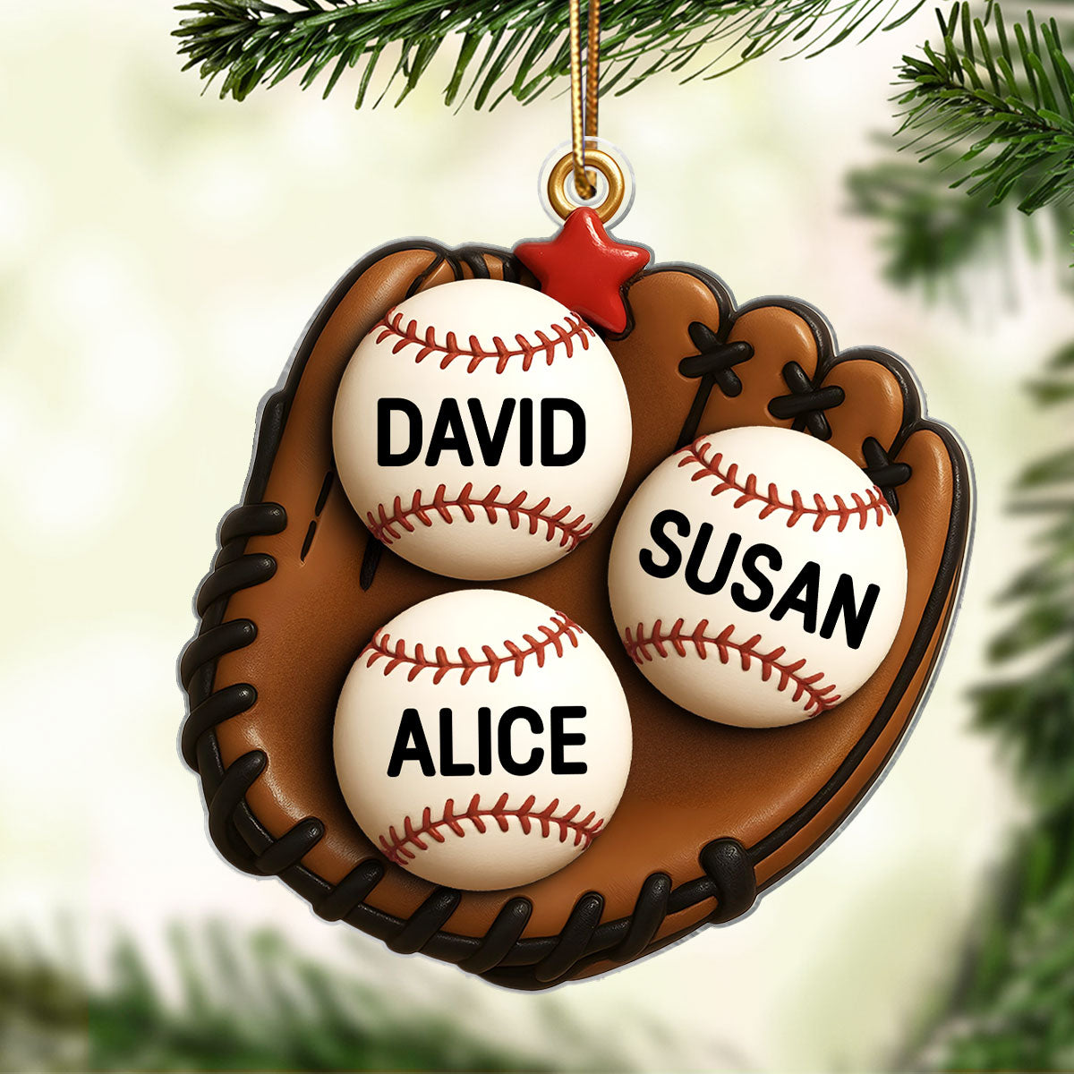 3D Effect Baseball, Softball Gloves Family Members' Names Personalized Acrylic Ornament, Christmas Tree Decoration
